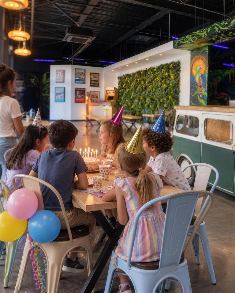 Un anniversaire d'enfants autour du gâteau au Goolfy Merlimont, sous une banderole Joyeux anniversaire, devant le mur végétal
