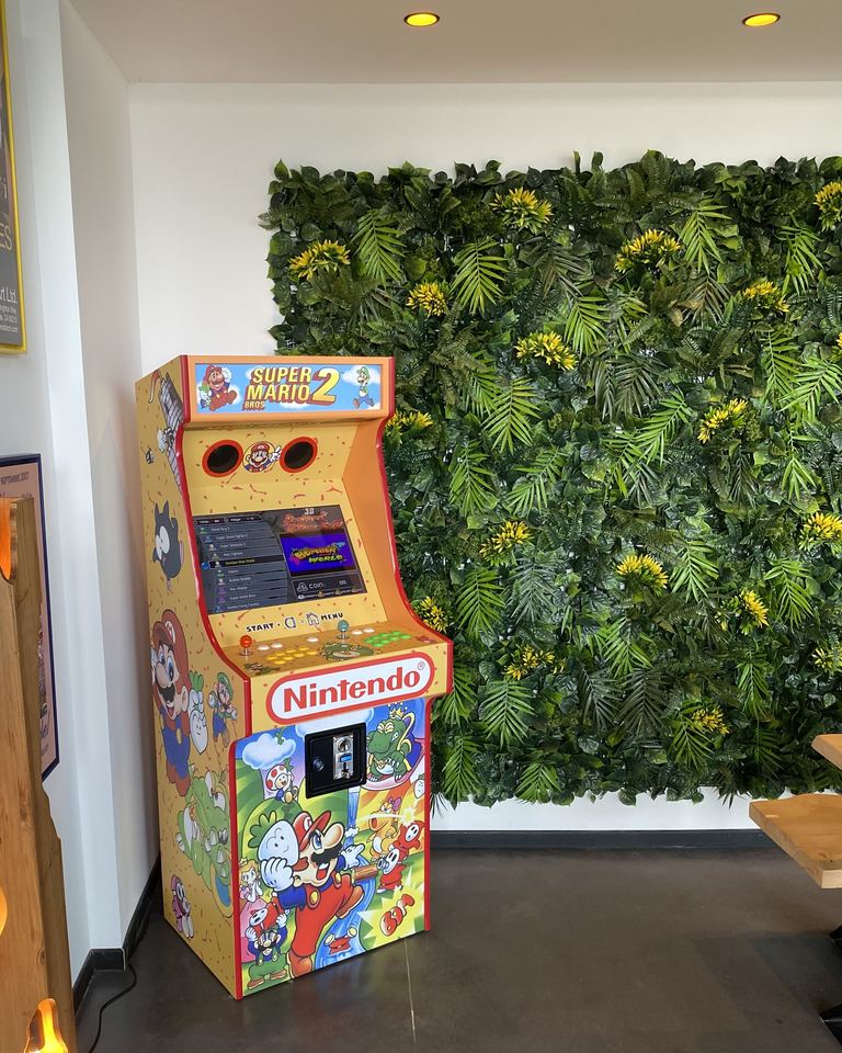 La borne d'arcade Nintendo du Goolfy, devant le mur végétal